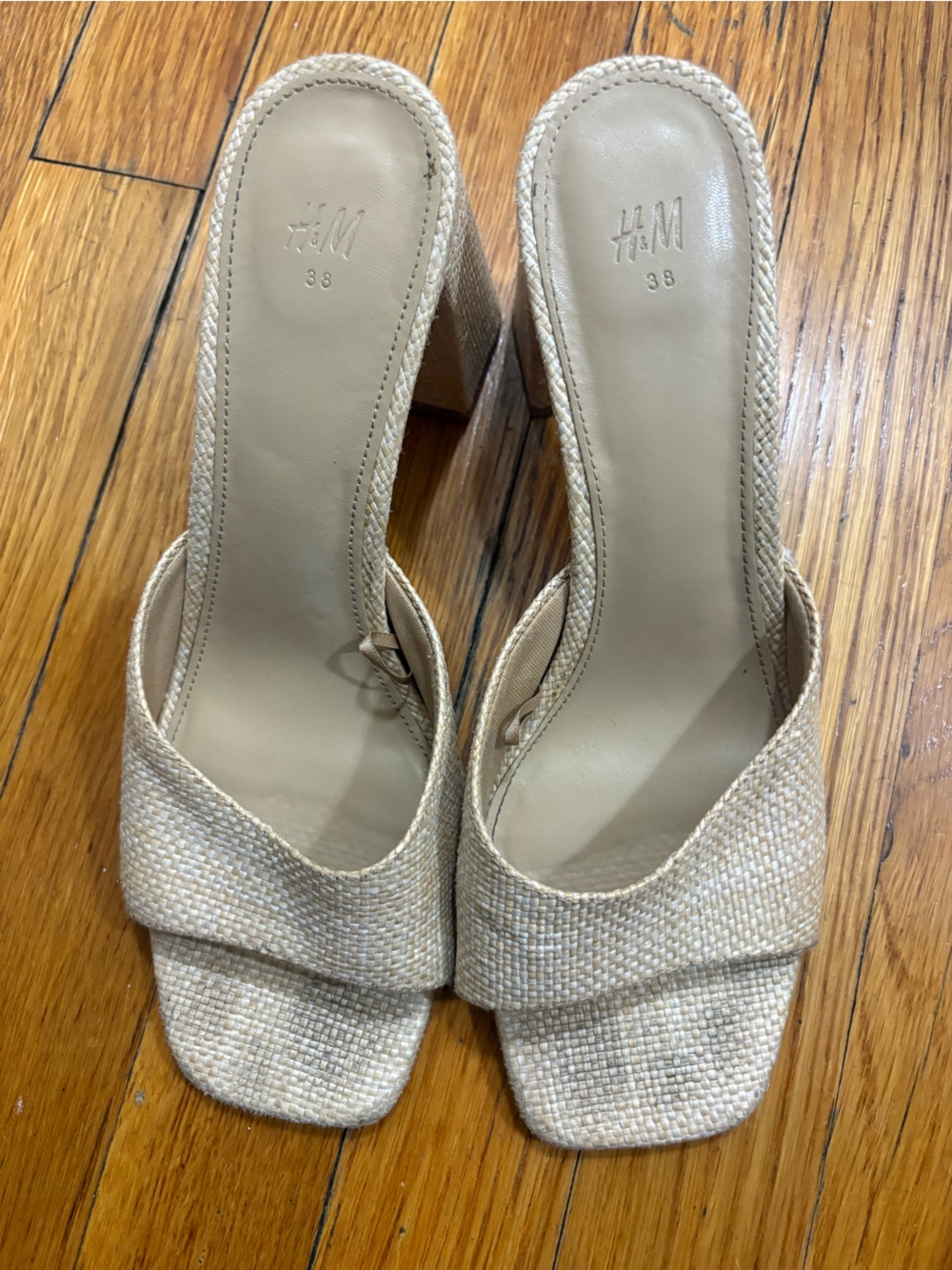 H&M Natural Raffia Open-Toe Block Heel Mules
